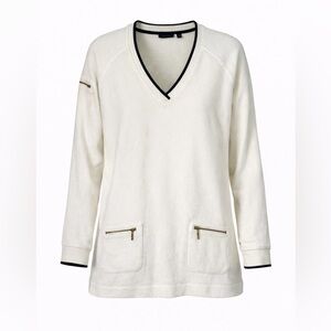 Amber Sun Cream Terry V-Neck Pullover w/ Gold Zip Pockets Size M